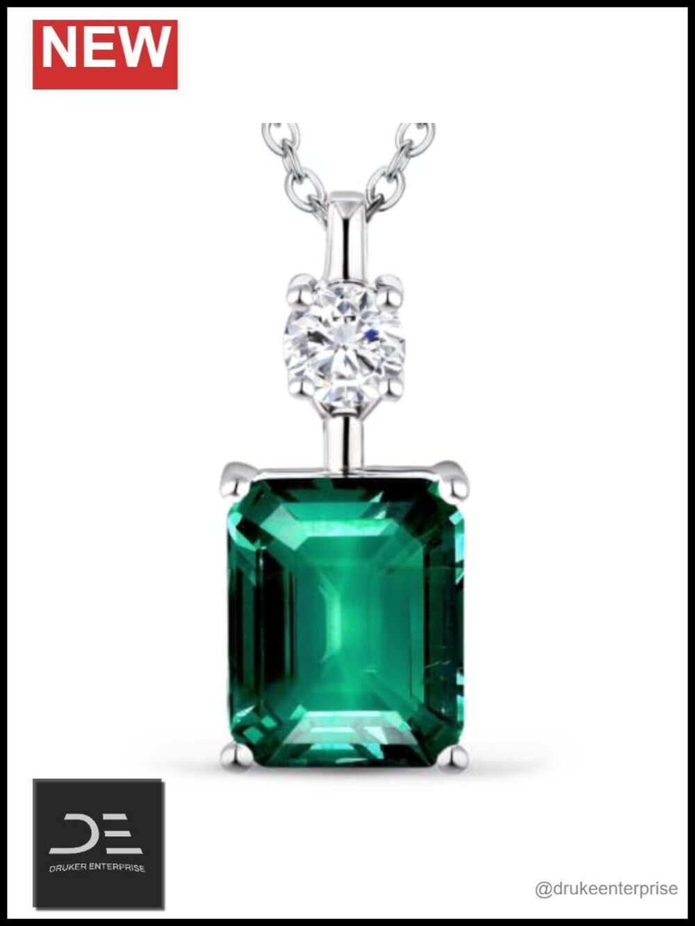 Lab Grown Emerald & Diamond Pendant Necklace, 14K/18K White Gold Plated, 16-18"